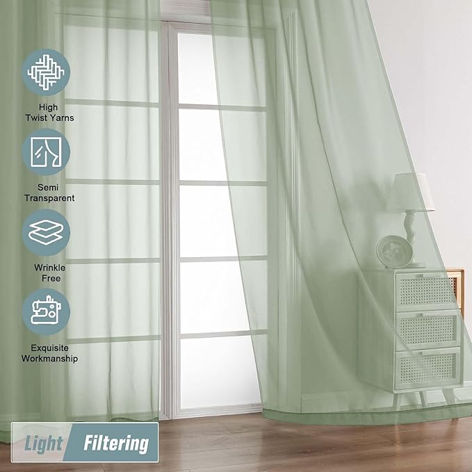 Sage Green Sheer Curtains 63 Inch Length 2 Panels, Voile Sheer Curtain - Image 5