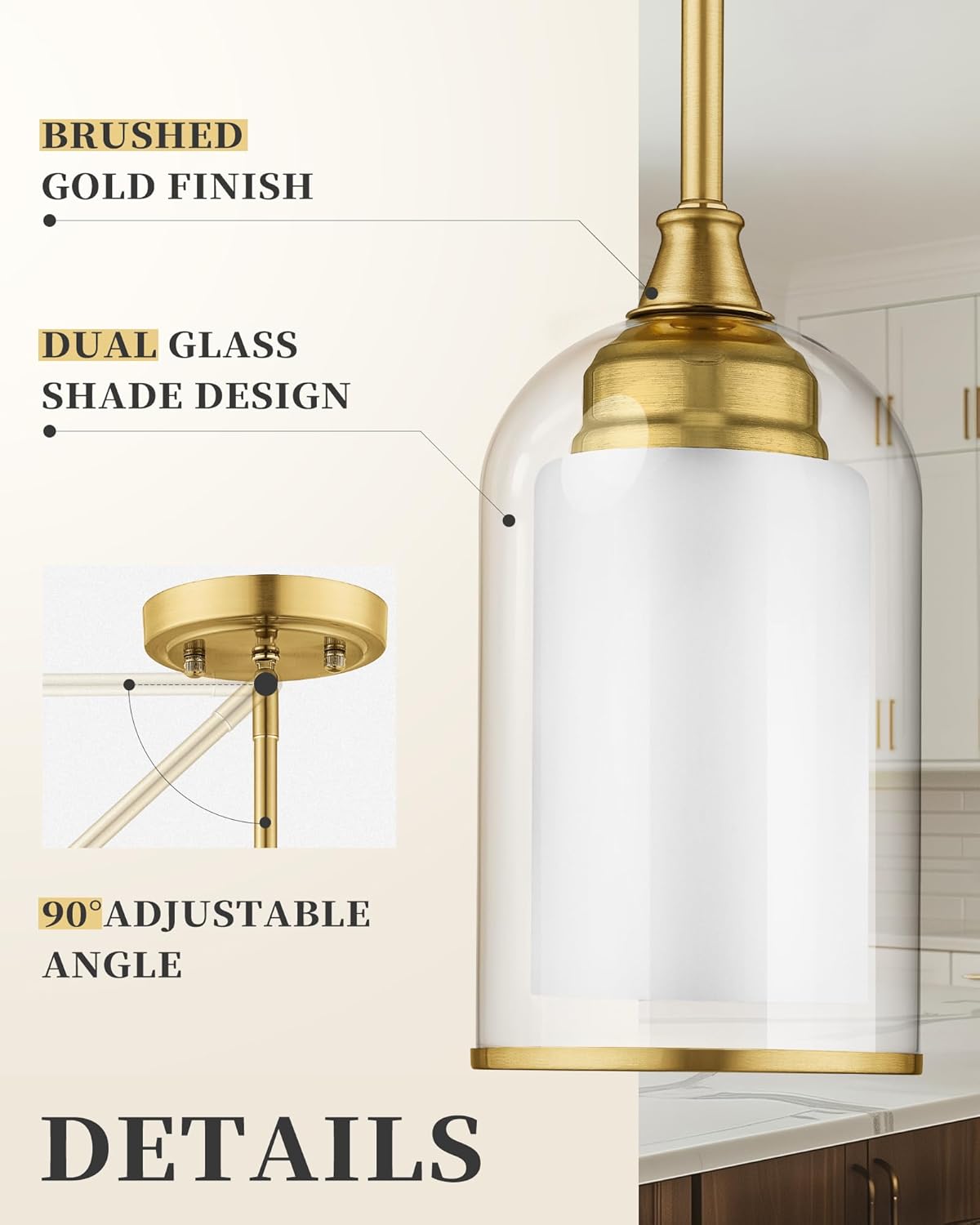 LIROUVET Gold Pendant Lights Kitchen Island - Dual Glass Pendant Light, 1-Light Hanging Light with Clear and Milk Glass, Vintage Pendant Light Fixtures for Kitchen, Dining Room, PL02BR