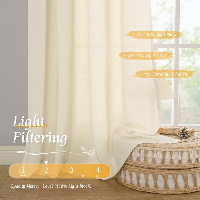 LAMIT Light Beige Linen Textured Curtains 63 inch Length - Image 4