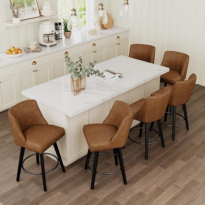 Vipbear Swivel Counter Height Bar Stools Set of 6,26.8" H Counter Stools with Back, Mid Century Modern Bar Stools for Kitchen Island,Faux Leather,Wooden Base, Brown