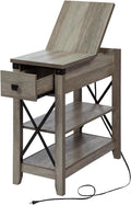 Narrow End Table with Charging Station Farmhouse Slim Side Table with USB Ports and Power Outlets, Nightstand with Flip Top and Storage Drawer, for Small Spaces Living Room Bedroom, Gray