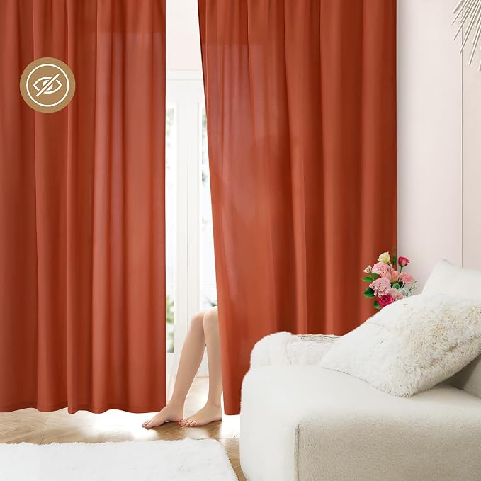 HOMEIDEAS Non-See-Through Fall Burnt Orange Privacy Sheer Curtains, 52 X 45 - Image 2