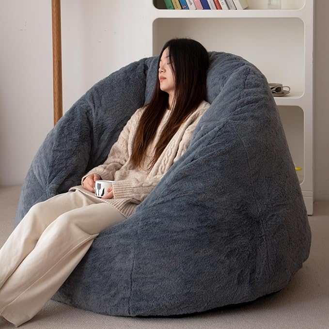 N&V Large Shell Bean Bag Chair, Adult Size Bean Bag Sack, Foam Filling, Includes Removable and Machine Washable Cover, 40in, Soft Faux Fur, Blue