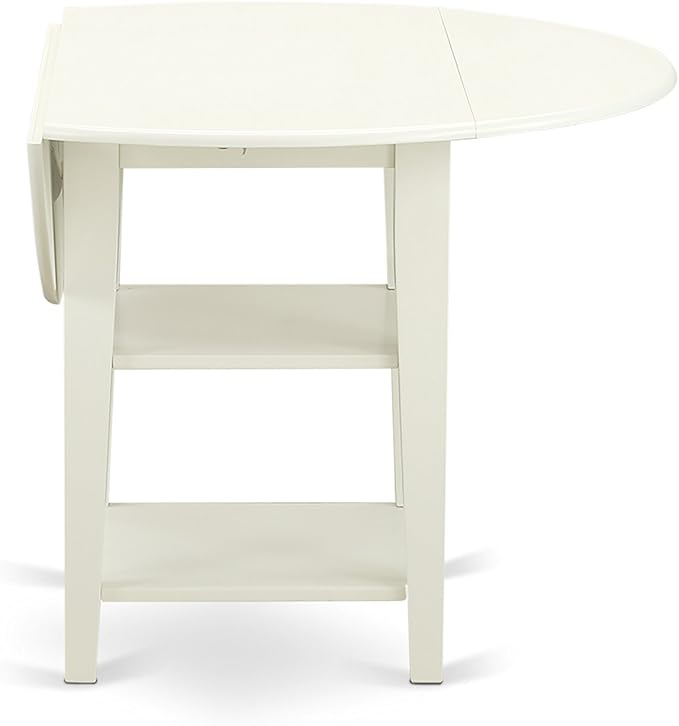 East West Furniture SUAD5-LWH-LC 5 Piece Dining Room Furniture Set Includes a Round Kitchen Table with Dropleaf & Shelves and 4 Faux Leather Upholstered Chairs, 42x42 Inch, Linen White