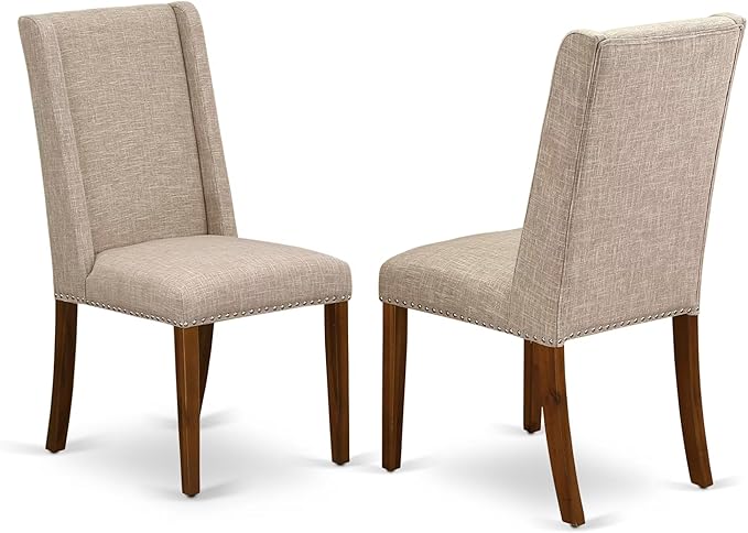 NEFL7-AWA-04-7-Piece Dining Table Set Includes a Rectangular Table and 6 Light Tan Linen Fabric Kitchen Chairs with Padded Chair Back - Antique Walnut Finish.