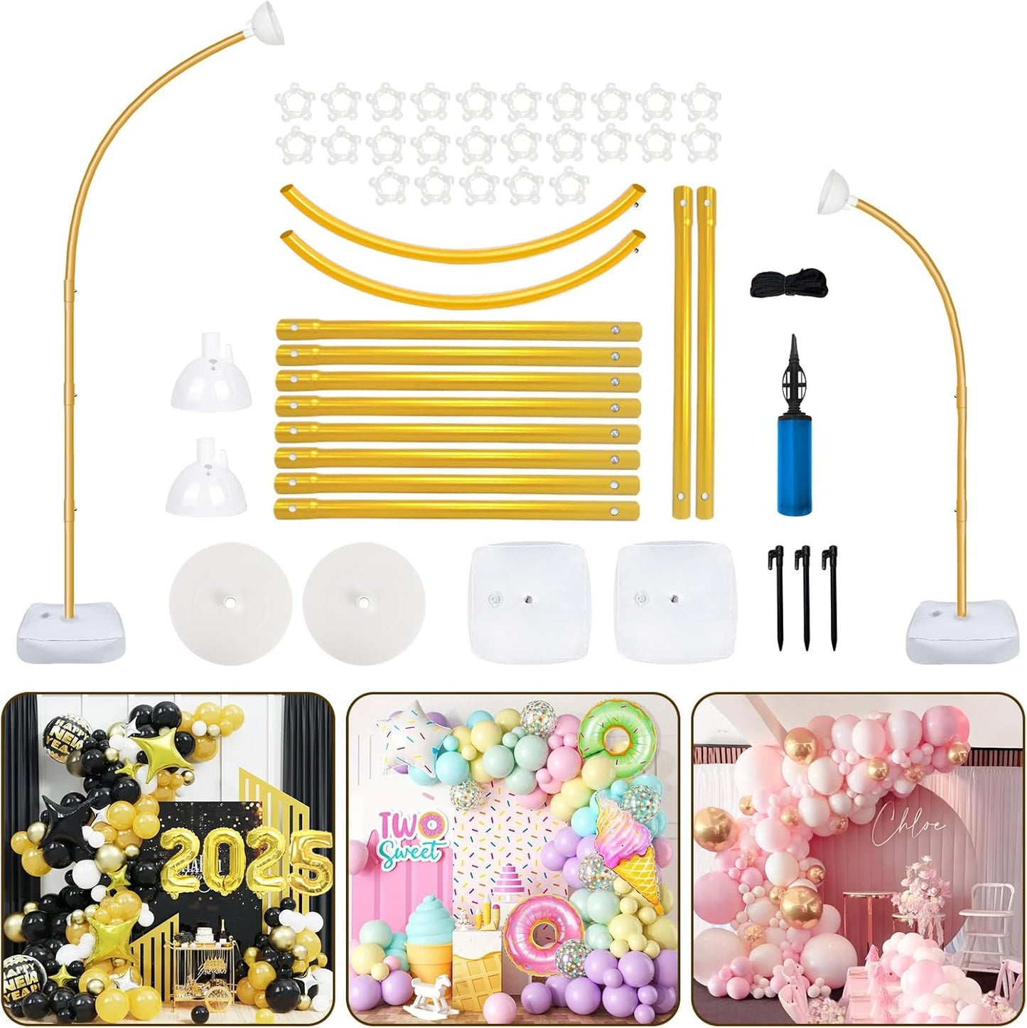 AerWo [Upgraded] Balloon Arch Kit 8.2ft+6ft, Gold Half Balloon Arch Stand with Base, Free Bending Top Curve Balloon Arch Frame Stand for Floor Birthday Wedding Halloween Decorations