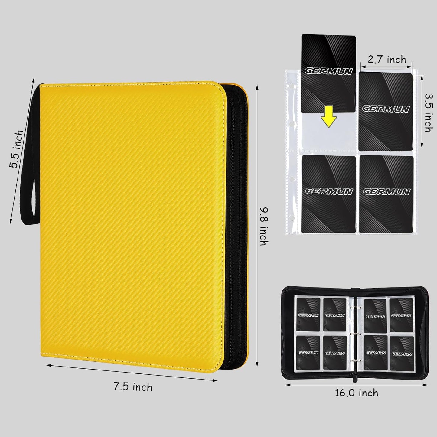 4 Pocket Card Binder, Premium Zip Trading Card Binder, 400 Double Sided Pocket PU Card Collection Binder, Collector Card Album, Card Folder for MTG, TCG, Sports Cards, Game Cards (Yellow)