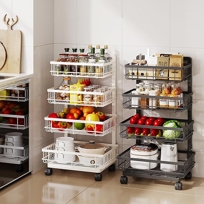 Aupekro 4-Tier Kitchen Storage Cart, Metal Utility Rolling Cart with Wheels, Versatile Rolling Storage Snack Cart, Adjustable Fruit Vegetable Basket Rack for Pantry, Bathroom, Kitchen, Office (Black)