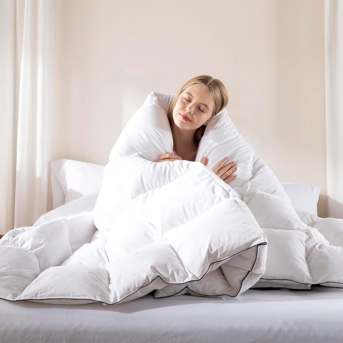 DOWNCOOL White Feather Comforter Full Size, Fluffy Duvet Insert Full with 100% Cotton Cover, All Season Luxurious Hotel Bed Comforter with Corner Tabs, 82 x 86 Inch