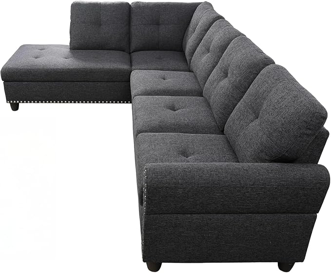 Ball & Cast 98" L Shaped Sectional Couch for Living Room,4 Seat Linen Upholstered Modular Sectional Sofa Set 2 PCS with Chaise,Coffee Table,Cup Holders & Nailhead Trim Design for Home,Office,Charcoal