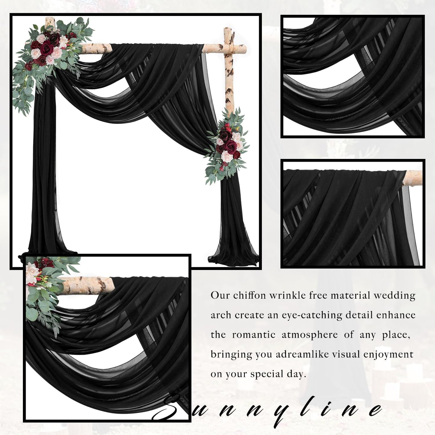 20Ft Length x 28" Width 4 Panels Wedding Arch Draping Fabric Black Arch Drapes Chiffon Fabric Sheer Curtains Backdrop for Party Decor Wedding Bridal Ceremony Ceiling Stage Reception Decorations