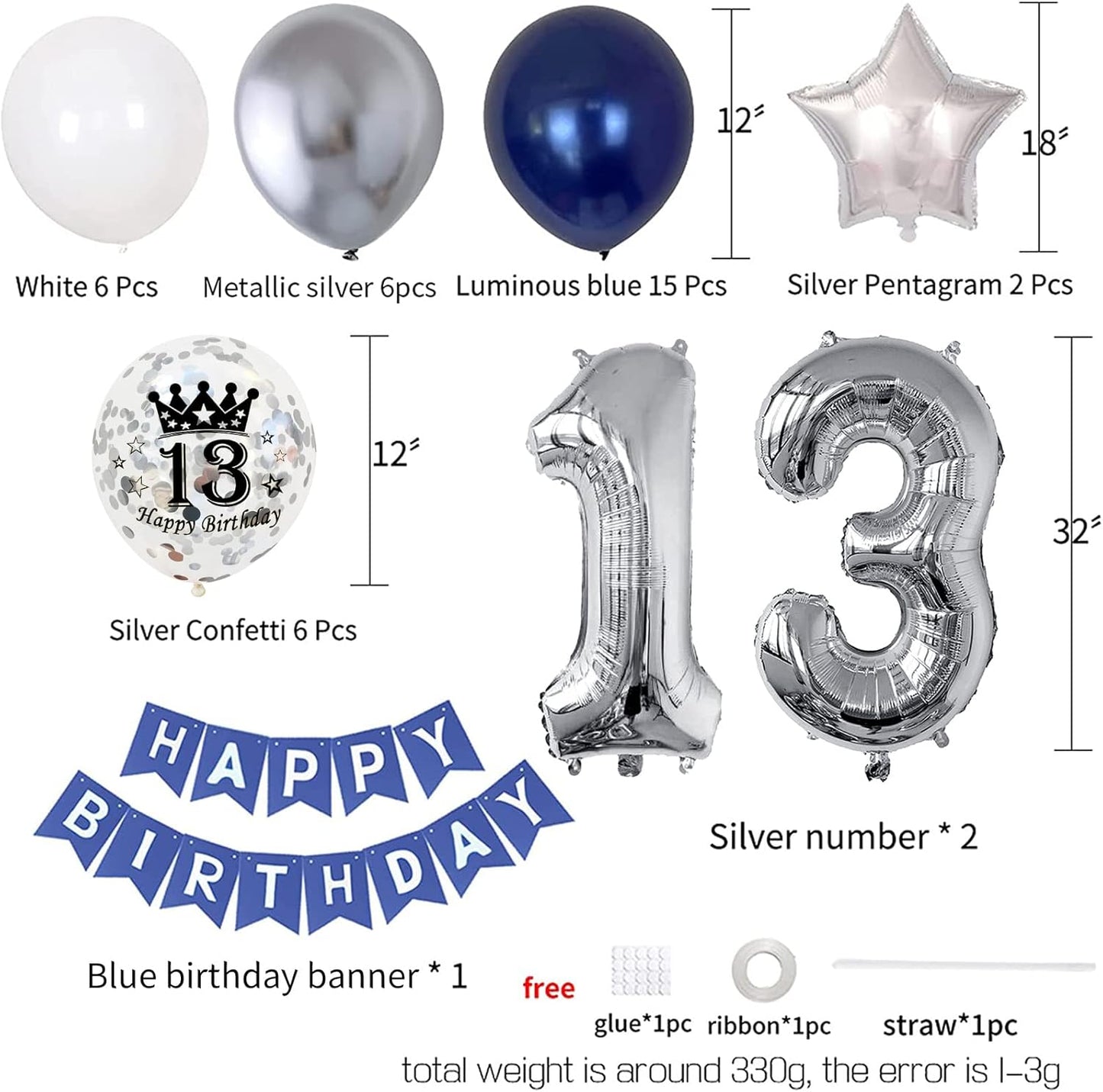 13th Birthday Decorations for Boys Girls, 13th Birthday Party Supplies with HAPPY BIRTHDAY Banner and Number 13 Balloons, Silver Navy Blue Theme Party for Teenager Kid 13 Years Old Birthday Decoration