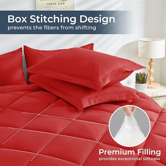HEVUMYI Red Full Comforter Set - 7-Piece All Season Bed in a Bag Full, Ultra Soft Bedding Set with Comforter, Flat Sheet, Fitted Sheet, Pillowcases, Pillow Shams