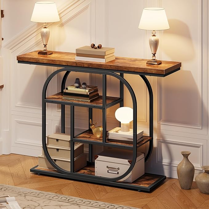HOOBRO 43.3" Console Table, 4-Tier Sofa Table, Industrial Entryway Table, Behind Couch Table, Accent Table with Storage Shelf for Entryway, Foyer, Living Room, Bedroom, Hallway, Rustic Brown BF65XG01