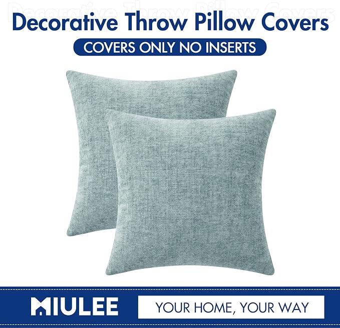 MIULEE Pack of 2 Light Blue Throw Pillow Covers 20x20 Inch Soft Chenille Pillow - Image 6