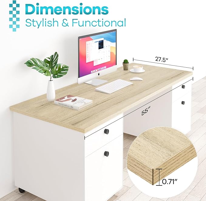 Kaboon Universal Tabletop 55"x27.5", Solid One-Piece Melamine Table Top, Double Desk L-Desk DIY, Home and Office Countertop, Oak