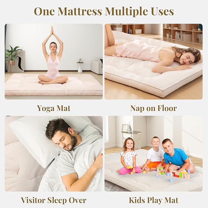 Japanese Floor Mattress, 4" Thicken Futon Mattress Queen Size Sleeping Pad, Corduroy Foldable Floor Pad, Roll Up Tatami Mat for Adults Guest Room Bedroom, Beige