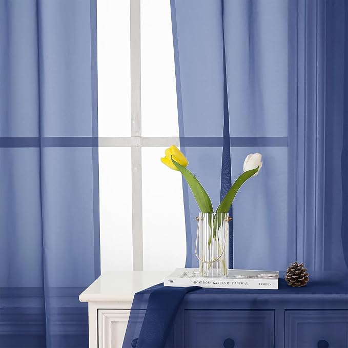 Lecloud Royal Blue Sheer Curtains 72 Inches Long 2 Panels, Rod Pocket Voile - Image 9