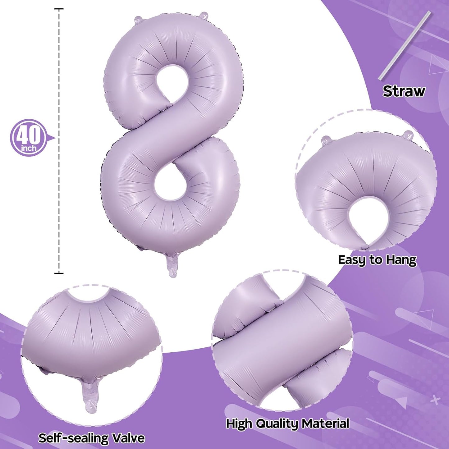 Light Purple Number 8 Balloons, 40 Inch Giant Dusty Pastel Purple Mylar Foil Number 8 Ballon for Girls, Self Inflating 8th Birthday Helium Balloon for Women 8th Anniversary Party Decorations Supplies