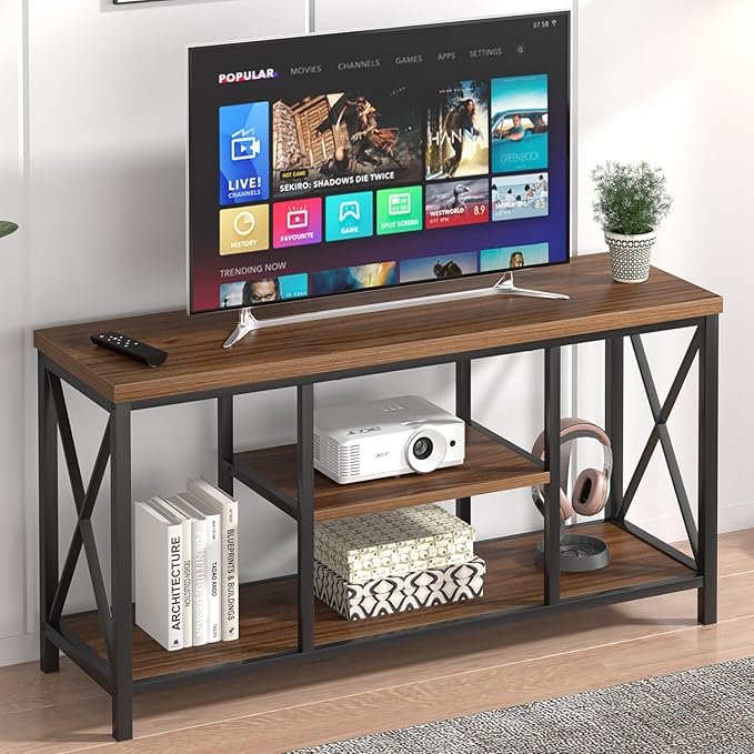 FOLUBAN Modern Entertainment Center for TVs up to 55 Inch, Rustic Wood Television Stands, Industrial TV Console and TV Cabinet for Living Room Bedroom, 47 Inch Rustic Walnut