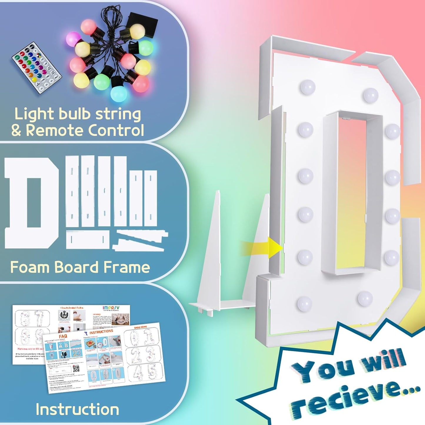 4FT Colorful Marquee Light Up Letters D, 18 Colors Light Up Alphabet Signs with Remote, Marry Me Sign, Large Letter for Birthday Engagement Anniversary Wedding Party Decor