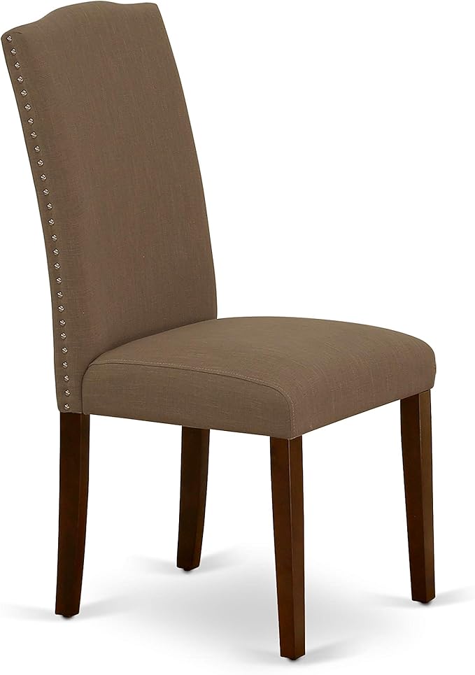 East West Furniture ESEN3-MAH-18 3 Piece Dinette Set for Small Spaces Contains a Round Dining Table with Pedestal and 2 Dark Coffee Linen Fabric Upholstered Chairs, 30x30 Inch, Mahogany