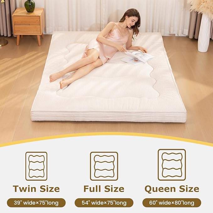 Japanese Floor Mattress, 4" Thicken Futon Mattress Queen Size Sleeping Pad, Corduroy Foldable Floor Pad, Roll Up Tatami Mat for Adults Guest Room Bedroom, Beige