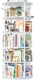 Aheaplus 5 Tier Rotating Bookshelf Tower, 360 Display Spinning Bookcase, Revolving Round Book Shelf Narrow Swivel Bookshelf, Vertical Turning Spiral Corner Book Organizer for Small Space, White