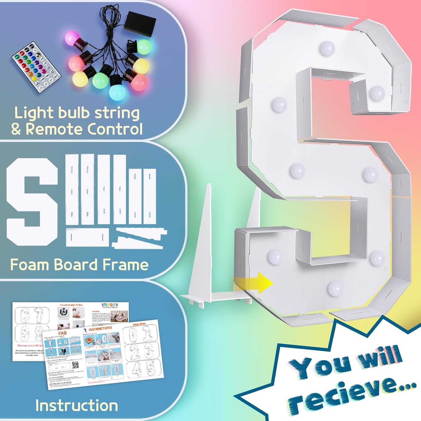 imprsv 3FT Colorful Marquee Light Up Letters S, 18 Colors Large Light up Letters Alphabet Sign with Remote, Big Marry Me Sign, Birthday Party Decorations Baby Shower Anniversary Wedding Decoration