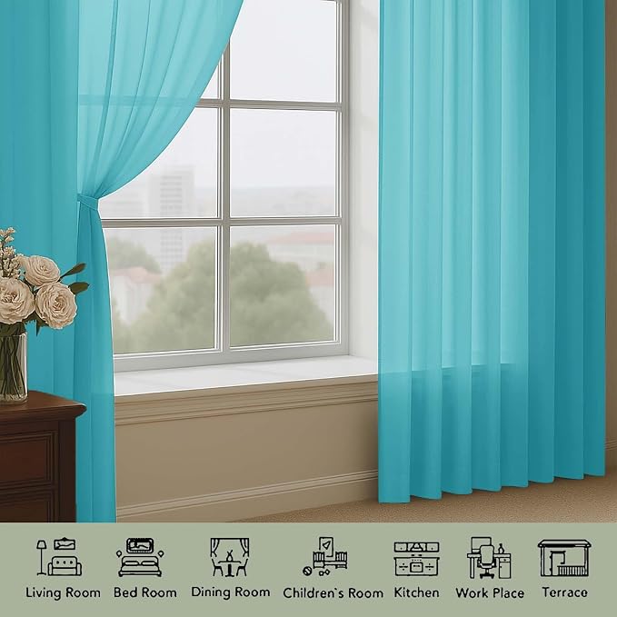 OWENIE Turquoise Sheer Curtains 120 Inches Long 2 Panels Set, Airy Lightweight - Image 3