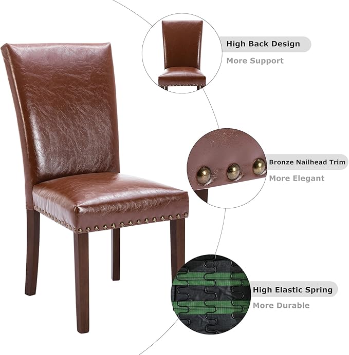 COLAMY Upholstered Parsons Dining Chairs Set of 4, PU Leather Dining Room Kitchen Side Chair with Nailhead Trim and Wood Legs - Light Brown