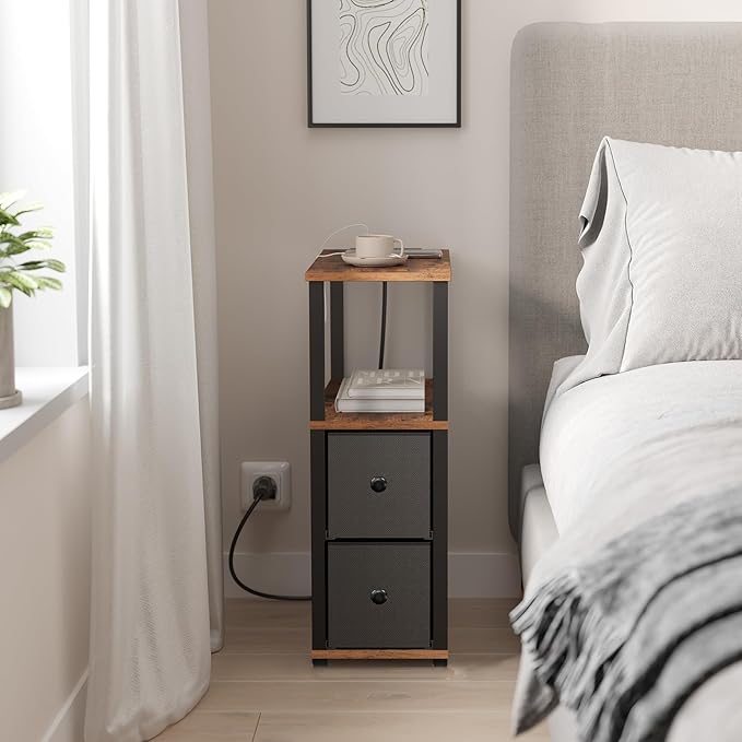 TUTOTAK Small Narrow End Tables, Side Tables with 2 Fabric Drawers, Set of 2, Bedside Tables with Charging Station for Small Spaces, Slim Nightstands with USB Ports and Wheels, TB01BB053