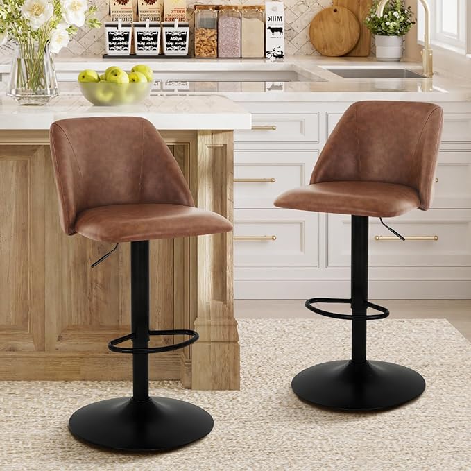 COLAMY Bar Stools Set of 6, Modern Swivel Bar Chairs, Adjustable PU Leather Upholstered Barstools Counter Height with Full Backrest for Bar, Dining Room, Kitchen Island, Brown