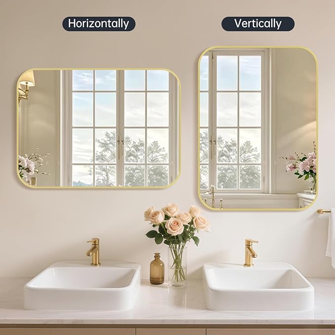 22x30 Inch Bathroom Mirror for Wall,Gold Framed Rectangle Mirror with Rounded Corner,Aluminum Alloy Framed Brushed Wall Mirror for Bedroom or Living Room,Vertical or Horizontal
