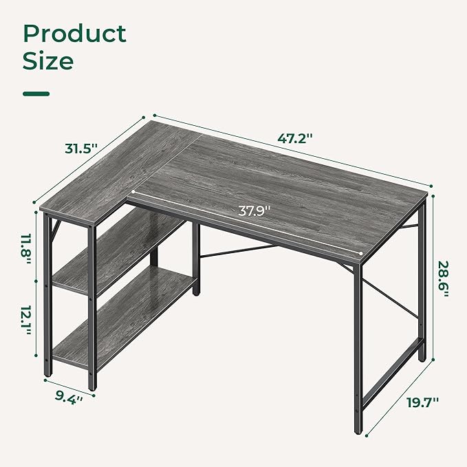 Huuger L Shaped Desk, 47 Inches Computer Desk with Reversible Storage Shelves, for Gaming Corner Home Office Writing Study, Metal Frame, Gray