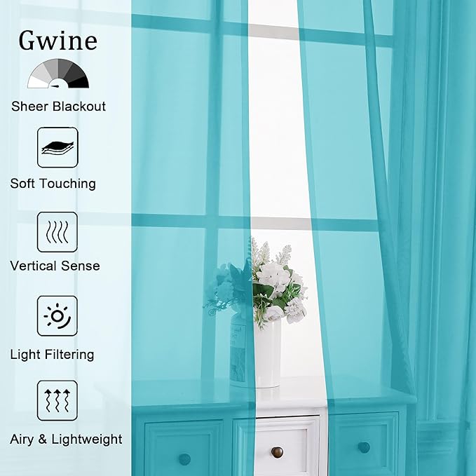 Gwine Turquoise Sheer Curtains 96 Inches Long 2 Panels, Elegant Window - Image 2
