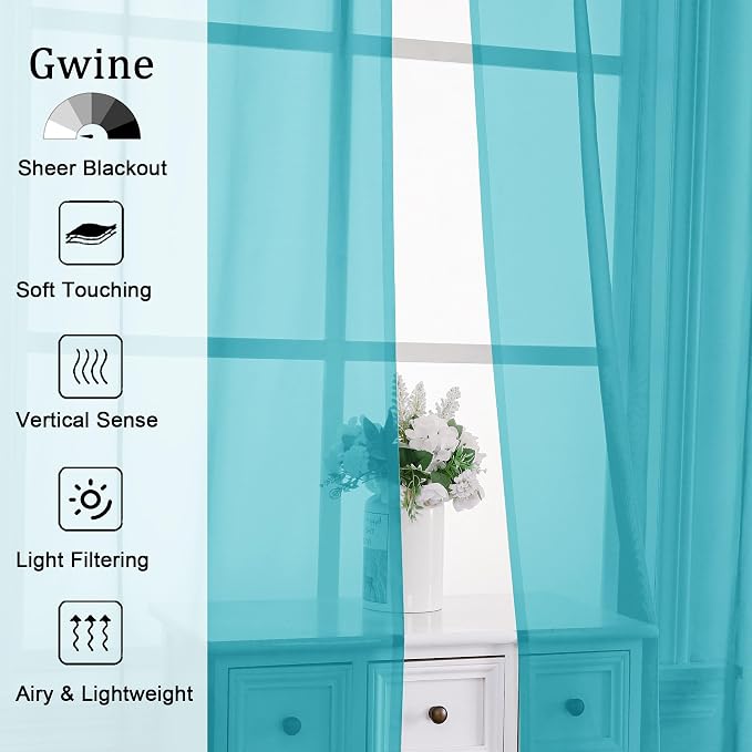 Gwine Turquoise Sheer Kitchen Curtains 36 Inch Length, Light Filtering Voile - Image 2