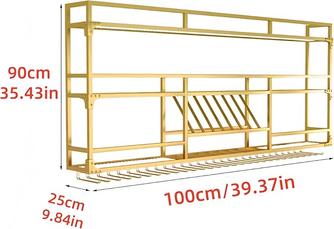 Metal Wall-Mounted Wine Rack with LED Light - 3 Tier Wine Storage Display Rack with Glass Holder - Space-Saving Bottle Display Shelf for Home Bars, Dining Rooms(Gold, 39in/100cm)