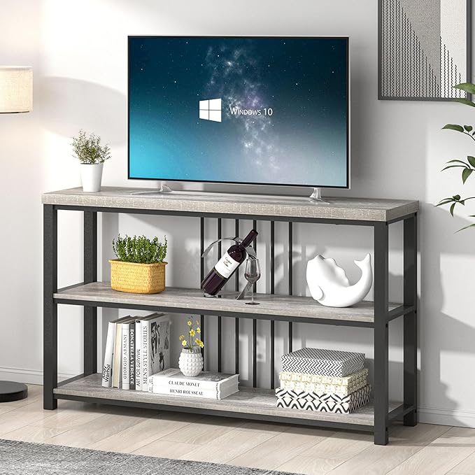 FOLUBAN Console Tables for Entryway, Sofa Table with 3 Tier Storage for Living Room Hallway Foyer Behind Couch, Rustic Light Grey
