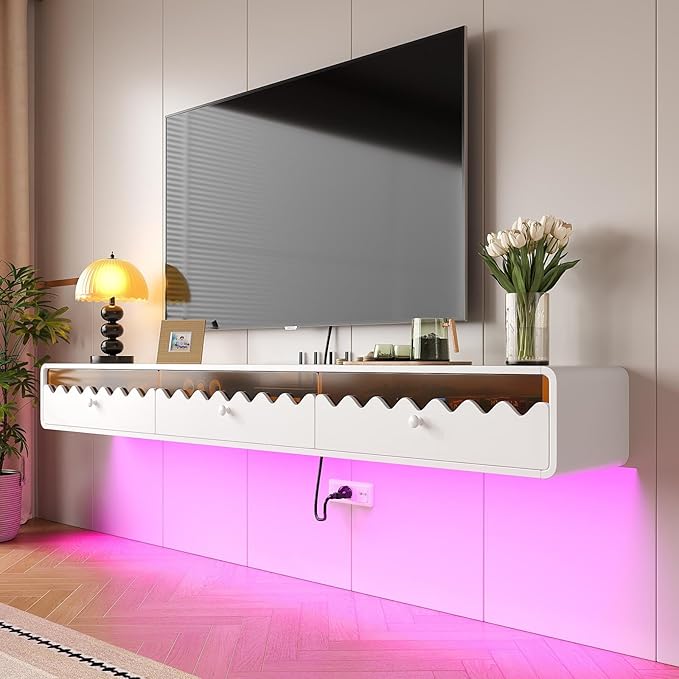 Floating TV Stand, 55IN Fully-Assembled Wall Mounted Wave Glass with Flip-Down Door & Drawers, Modern Media Entertainment Console Under TV Shelf for Livingroom
