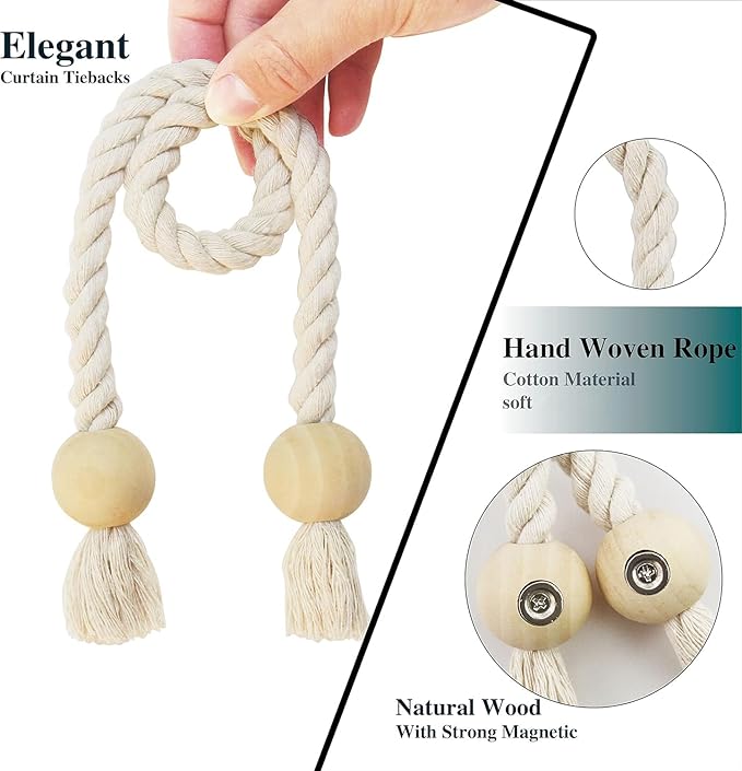 6 Pack Magnetic Curtain Tiebacks Cotton Hand Woven Tie Back Decorative Rope - Image 2