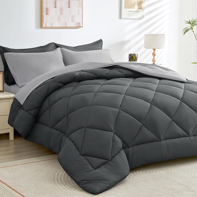 HEVUMYI Twin-XL Comforter Set - 5-Piece All Season Bed in a Bag Twin-XL, Ultra Soft Bedding Set with Comforter, Flat Sheet, Fitted Sheet, Pillowcases, Pillow Shams, Dark Grey & Light Grey