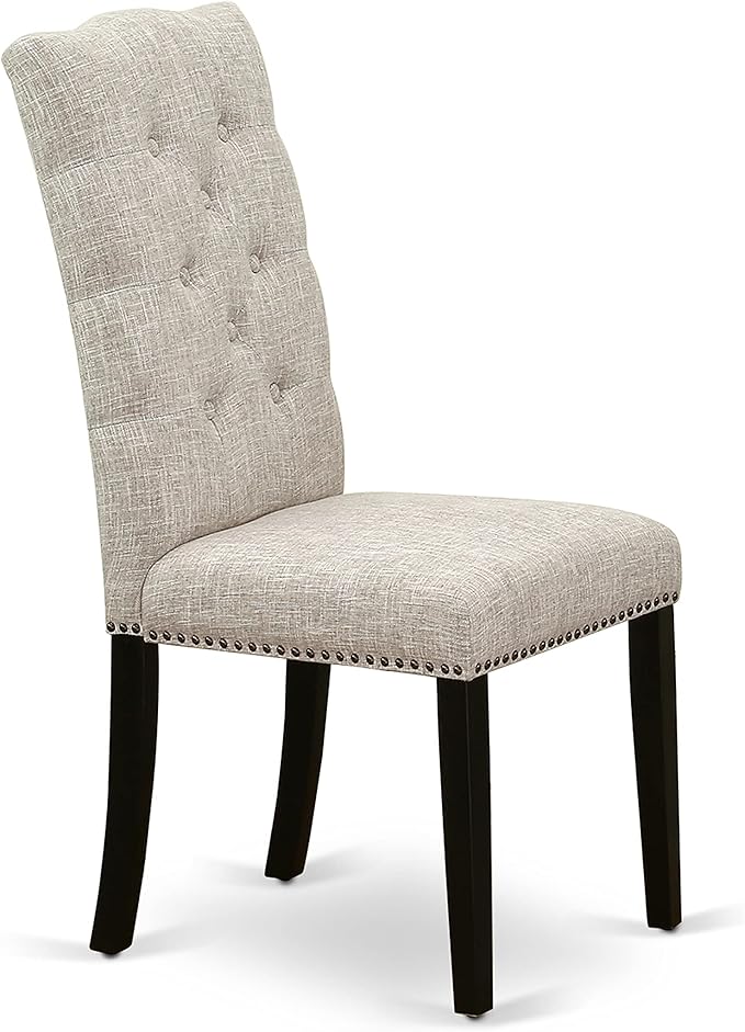 East West Furniture ELP6T35 Elsa Parson Dining Room Chairs - Button Tufted Nailhead Trim Doeskin Linen Fabric Padded Chairs, Set of 2, Wirebrushed Black