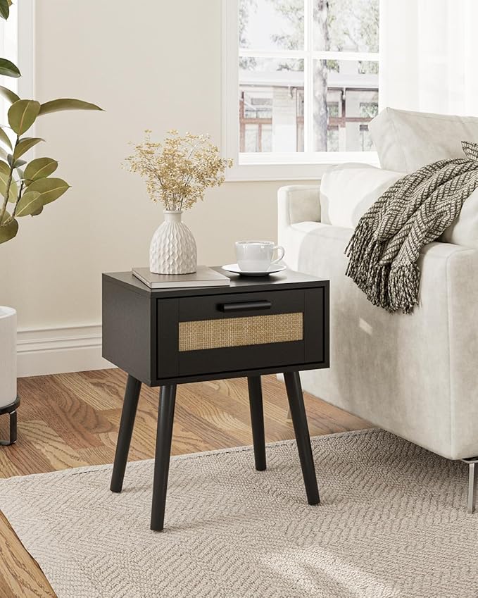 Bedroom Nightstands Wooden Night Stands with Rattan Weaving Drawer Home Bedside End Table for Bedroom Storage (Bohemian-Black)