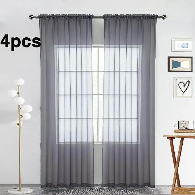SpaceDresser Grey Sheer Curtains 4 Panels Rod Pocket Semi-Sheer Curtain 90 - Image 2