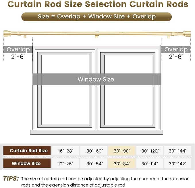 1” Diameter Gold Curtain Rod Itself is 30-90 Inch 2 Pack, Fit 30 to 84 Inch - Image 3