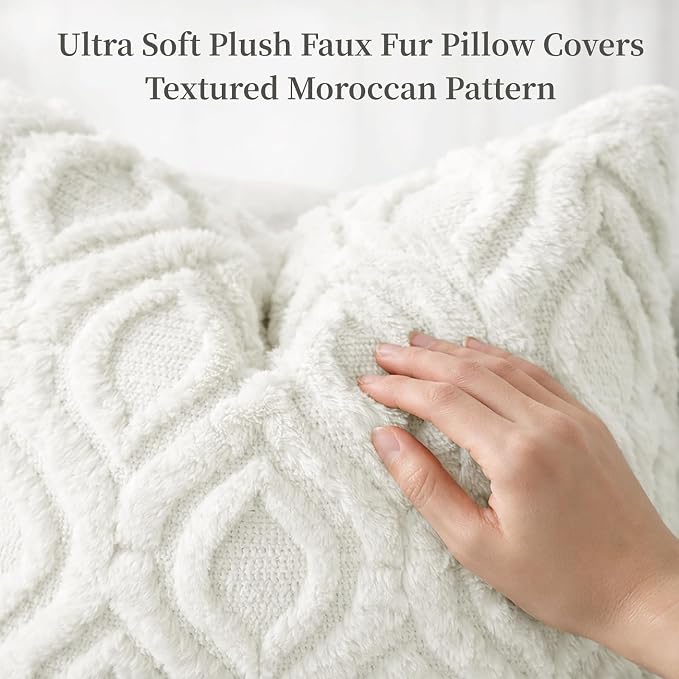 decorUhome Throw Pillow Covers 20x20 Inch Set of 2, Soft Plush Faux Wool Cream - Image 2