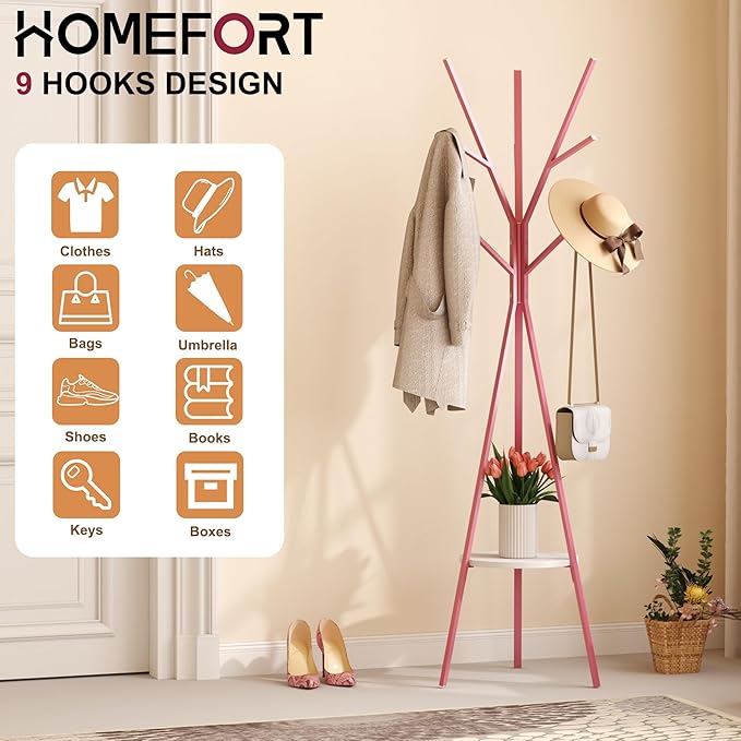 Coat Rack Hat Stand Free Standing Display Hall Tree Metal Hat Hanger Garment Storage Holder with 9 Hooks for Clothes Hats and Scarves (Pink)