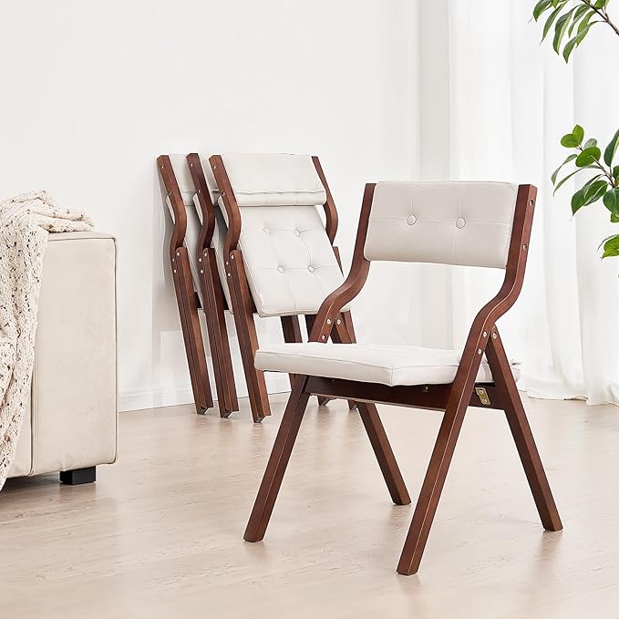 VEVOR Wooden Folding Chairs with Cushion, Set of 4, Portable Foldable Cushion Chair with Wooden Frame, Modern Padded Dining Chair for Kitchen, Office, Wedding, Party, Dining Room, Easy Assembly, White