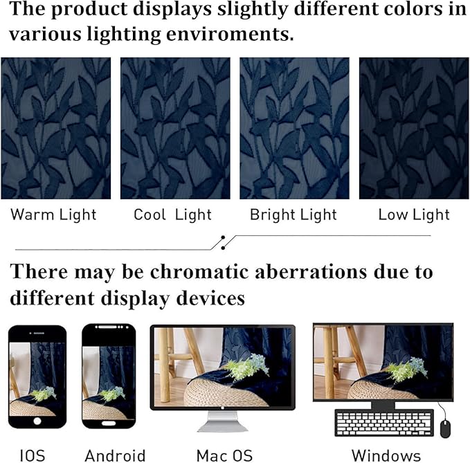 Lecloud Leia Navy Blue Sheer Kitchen Curtains 36 Inch Length 2 Panels, Jacquard - Image 7